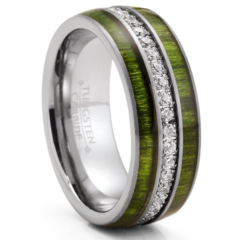 Mens Tungsten Carbide Wedding Band Green Jade Wood Cubic Zirconia Eternity Ring Comfort-Fit 8MM