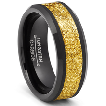Black Tungsten Carbide Ring Mens Wedding Band Ring Gold Nugget Flakes Inlay 8MM Comfort-Fit