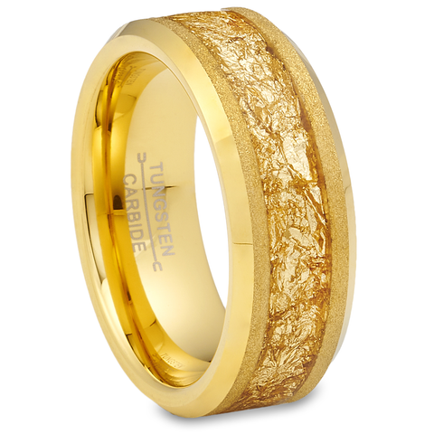Gold Plated Tungsten Carbide Ring Mens Wedding Band Gold Nugget Flakes Inlay 8MM Comfort-Fit
