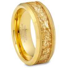 Gold Plated Tungsten Carbide Ring Mens Wedding Band Gold Nugget Flakes Inlay 8MM Comfort-Fit