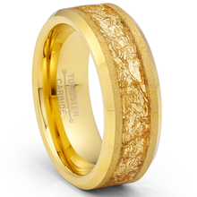 Gold Plated Tungsten Carbide Ring Mens Wedding Band Gold Nugget Flakes Inlay 8MM Comfort-Fit
