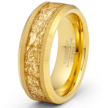 Gold Plated Tungsten Carbide Ring Mens Wedding Band Gold Nugget Flakes Inlay 8MM Comfort-Fit