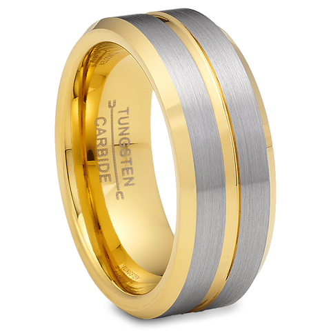 Gold Plated Flat-Top Tungsten Carbide Ring Mens Wedding Band Grooved Center 8MM Comfort-Fit