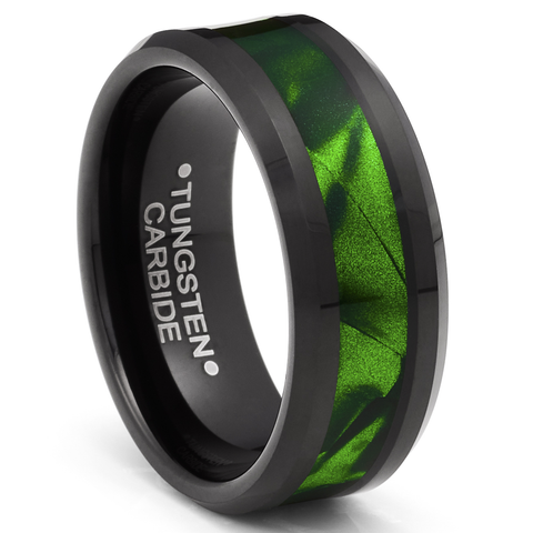 Black Tungsten Carbide Ring Mens Wedding Band Ring Green Mother of Pearl Lacquered Dyed Inlay Comfort-Fit