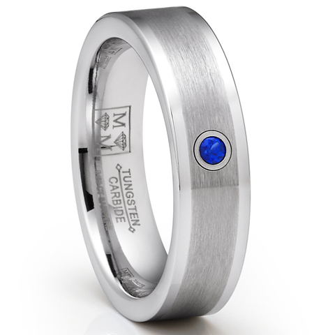 Metal Masters Unisex 18K White Gold Plated Natural Sapphire Tungsten Wedding Band 6MM